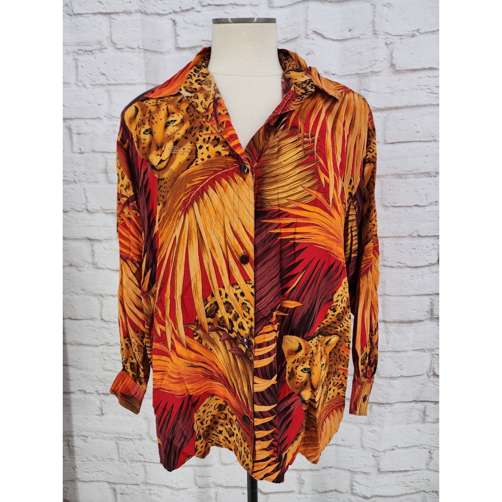 Vintage Ellen Tracy Silk Leopard Tropical Shirt Size 6 Resortwear Maximalist